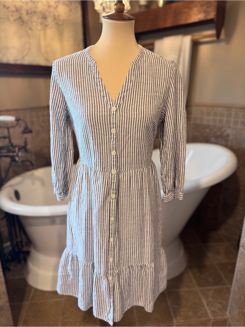 Old Navy Navy and White Striped Button-Front Midi Dress medium